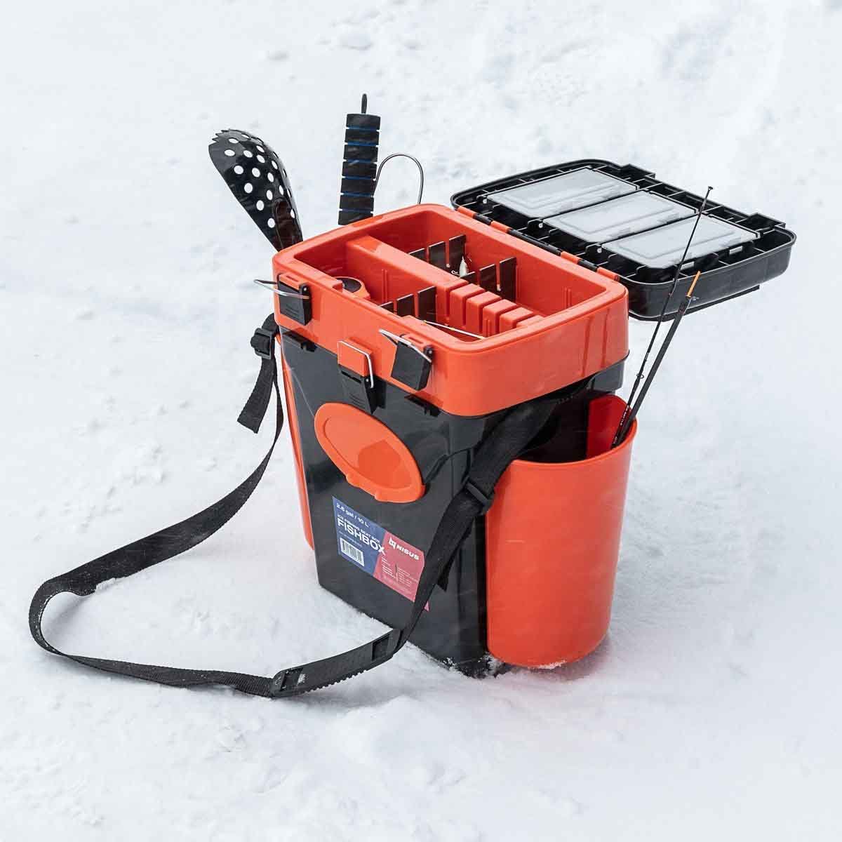 FishBox 10 liter Box for Ice Fishing could carry an ice skimmer, a rod and reel combo and other gear for ice fishing
