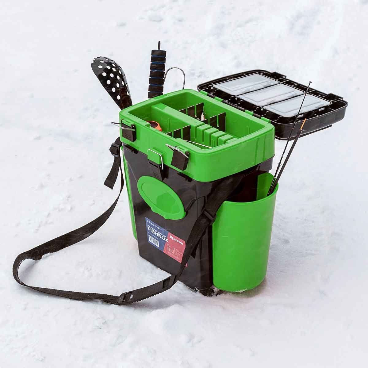 FishBox 10 liter Box for Ice Fishing could carry an ice skimmer, a rod and reel combo and other gear for ice fishing