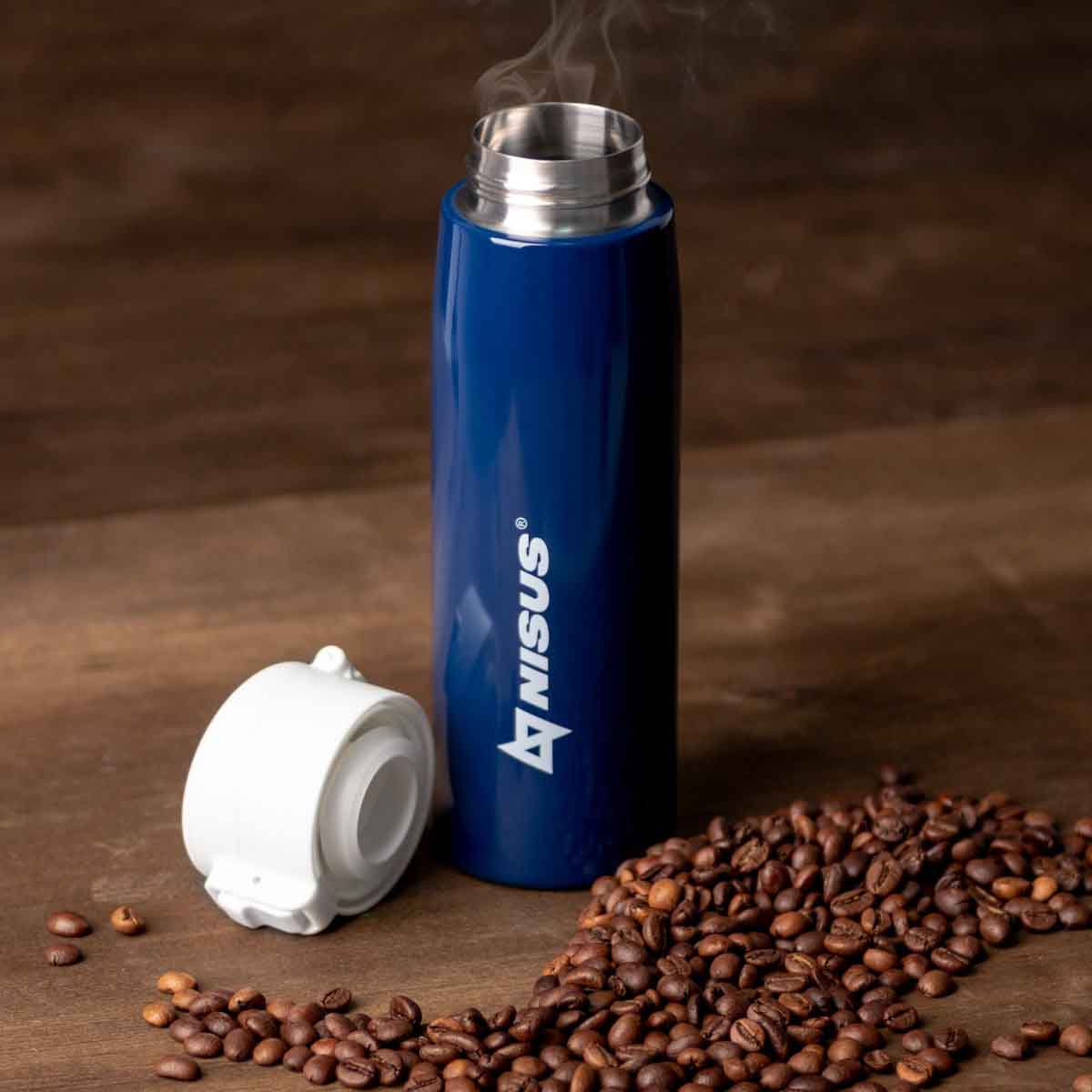 Push Button Lid Water Bottle, Stainless Steel, 16 oz full of hot coffee