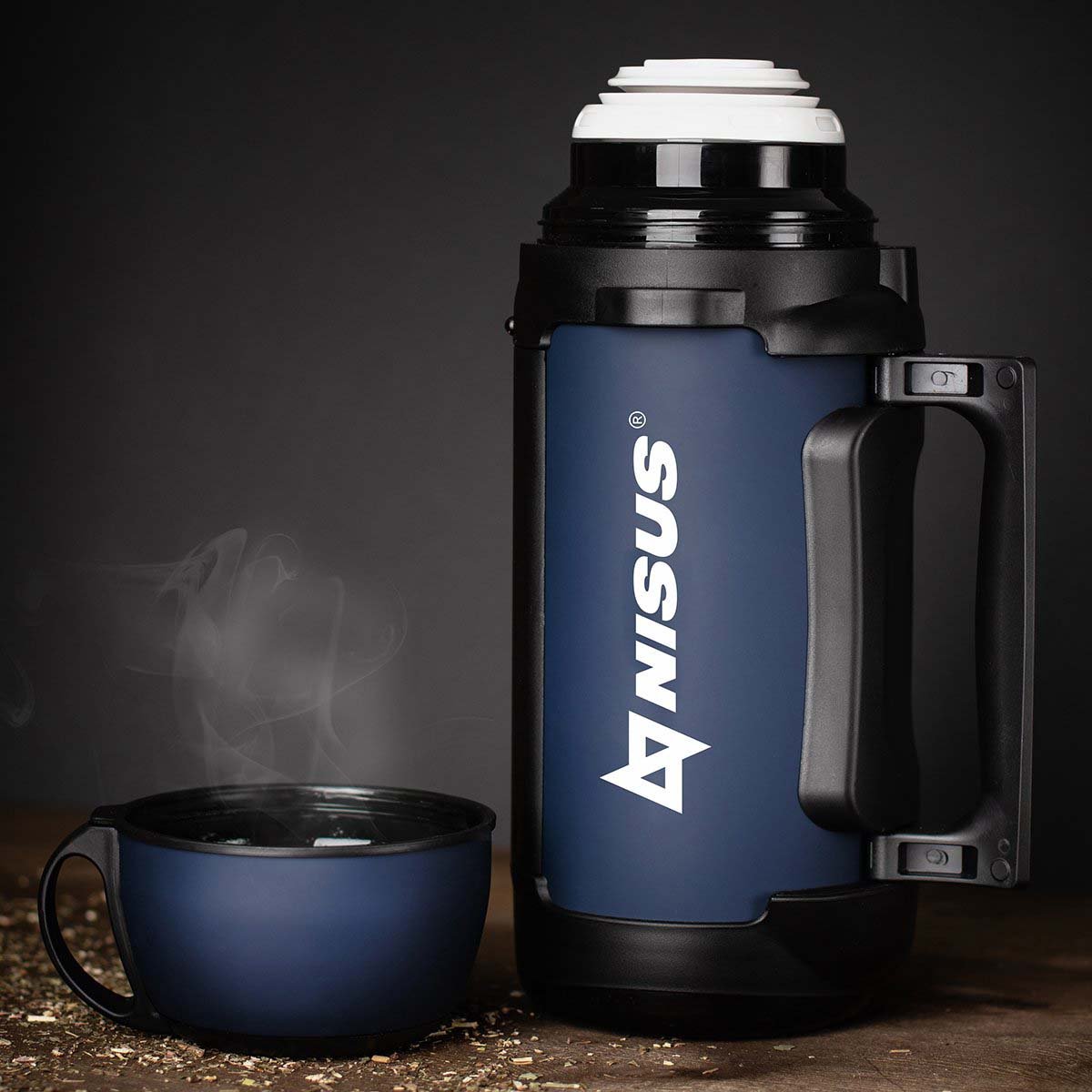 Blue Extra Large Insulated Water Flask with Handle, 64 oz a lid cup full with coffee