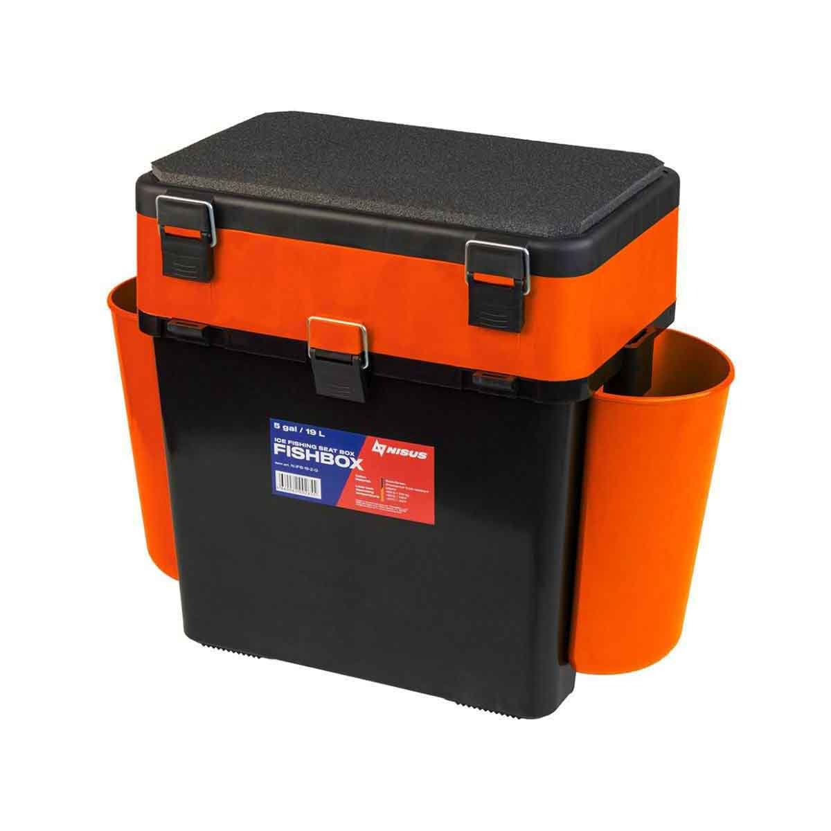 FishBox Large 5 gal Box for Ice Fishing, 2 Compartments, Orange