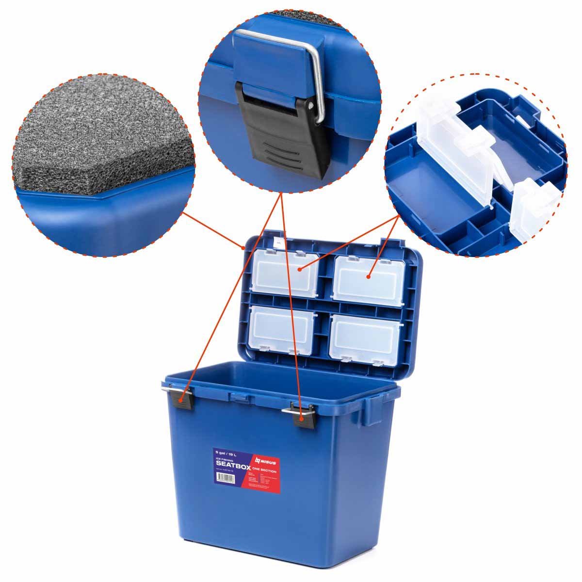Ice Fishing Bucket Type Box with Seat and Adjustable Shoulder Strap is equiped with locks and plastic boxes for easy storage