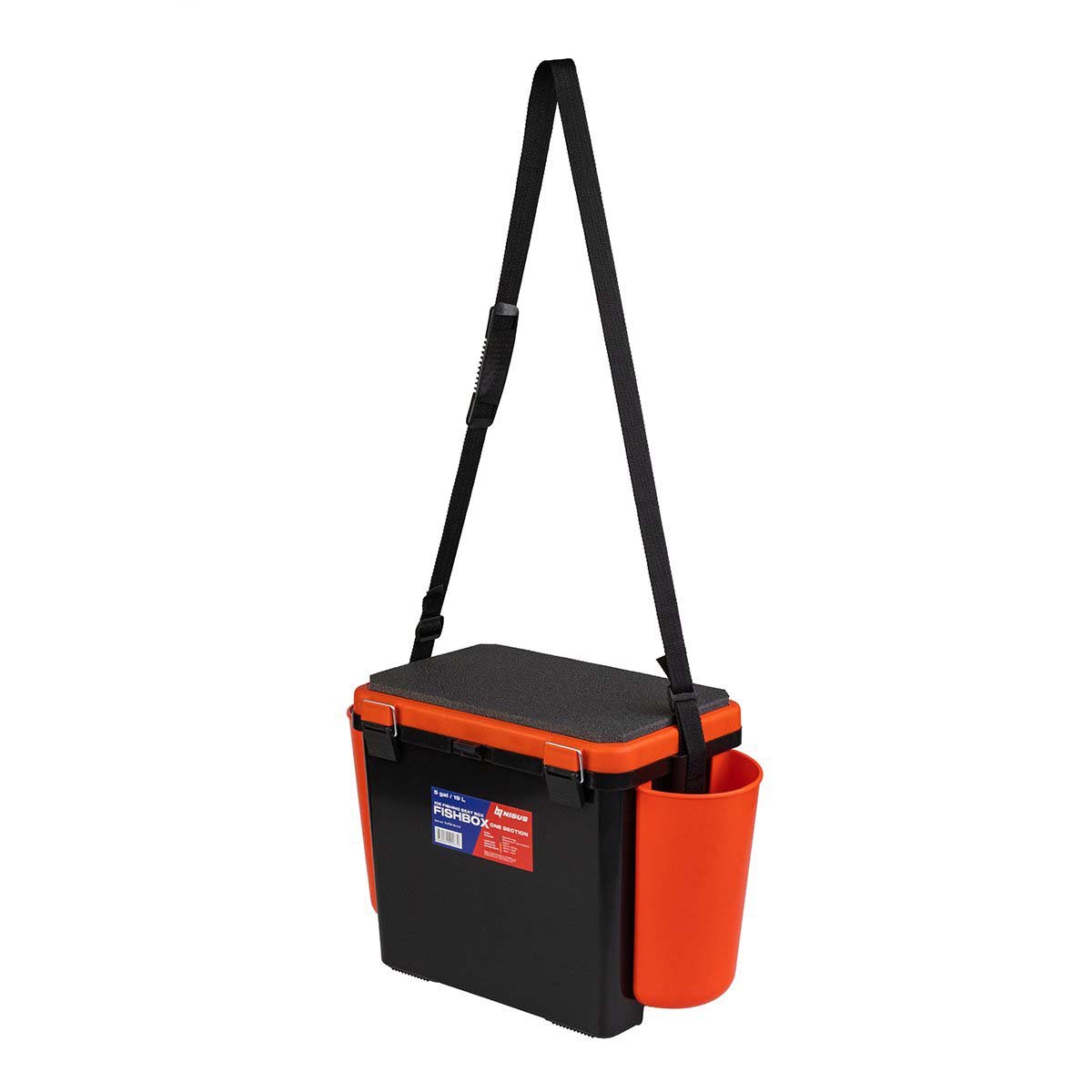 FishBox Large 5 gal SeatBox for Ice Fishing Tackle and Gear with adjustable shoulder strap, orange