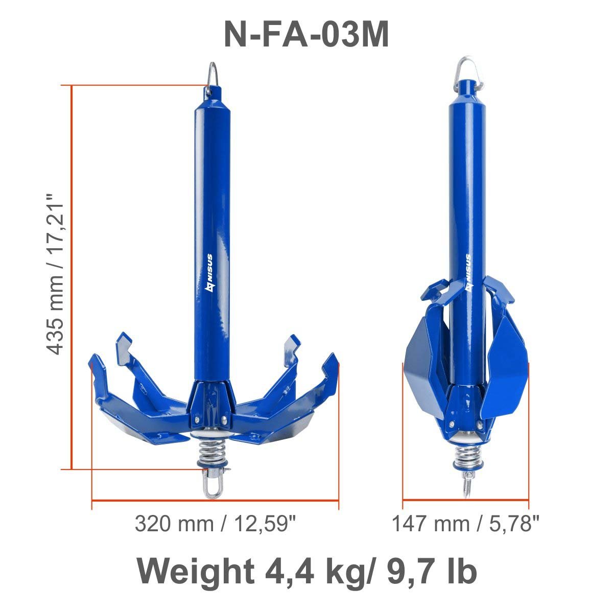 9.7 lbs Grapnel Portable Folding Anchor is 17.2 inches long, 12.6 inches wide when unfolded and 5.8 inches wide when folded, weighing 9.7 lbs