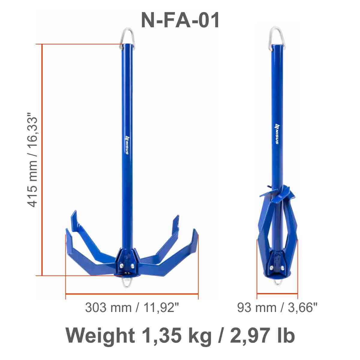3 lbs Grapnel Portable Folding Anchor is 16.3 inches long, 11.9 inches wide when unfolded and 3.7 inches wide when folded