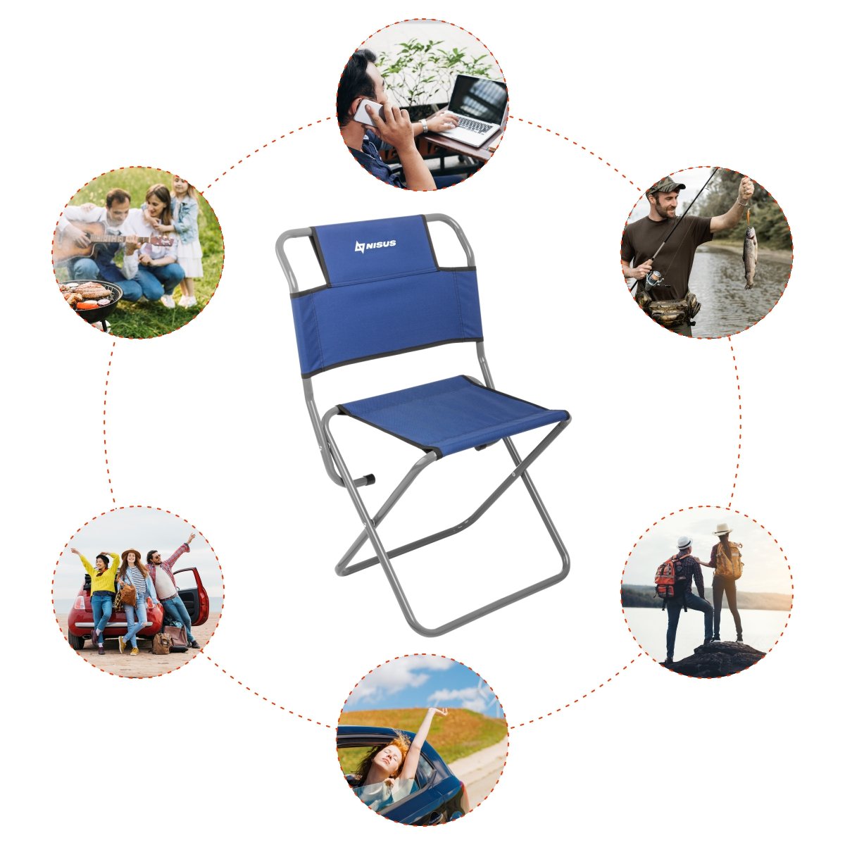 Nisus Blue Folding Chair with back support where could be used infographics