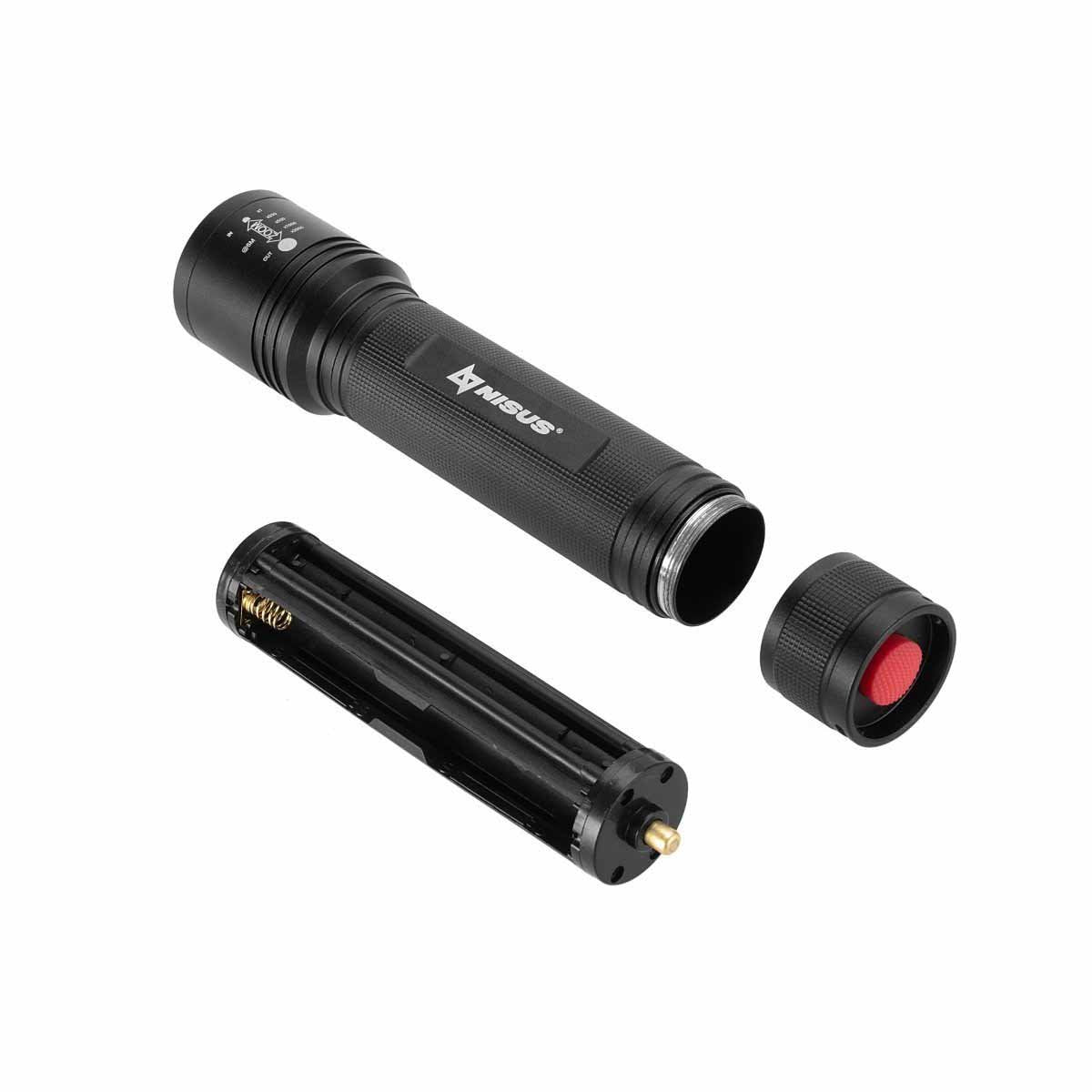 High-Powered LED Handheld Flashlight with Zoom works on alkaline batteries