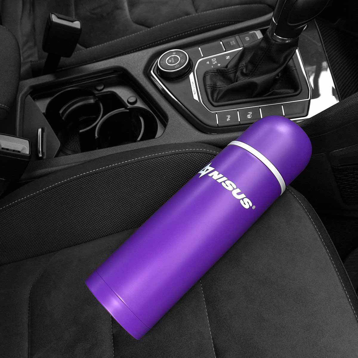 Portable Insulated Vacuum Flask with 2 Lid Cups, 25 oz, Limited Edition, purple coloron the car seat