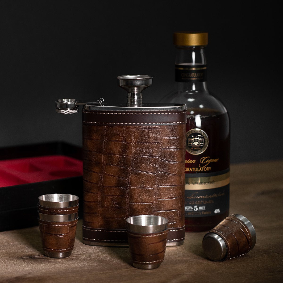 Stainless Steel Gift Set, 9 oz Brown Hip Flask with Shot Glasses