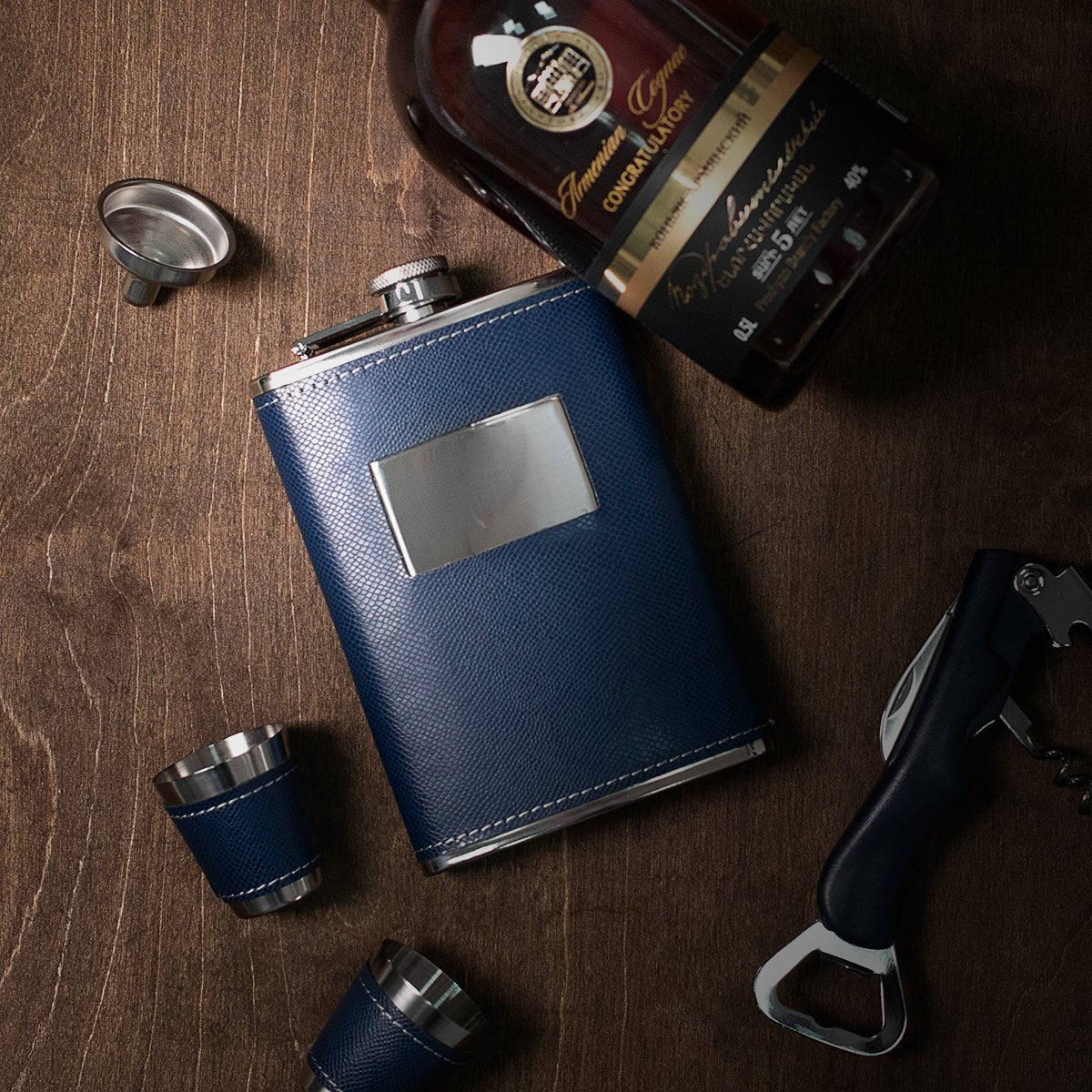 Stainless Steel Gift Set, 9 oz Blue Hip Flask and Shot Glasses