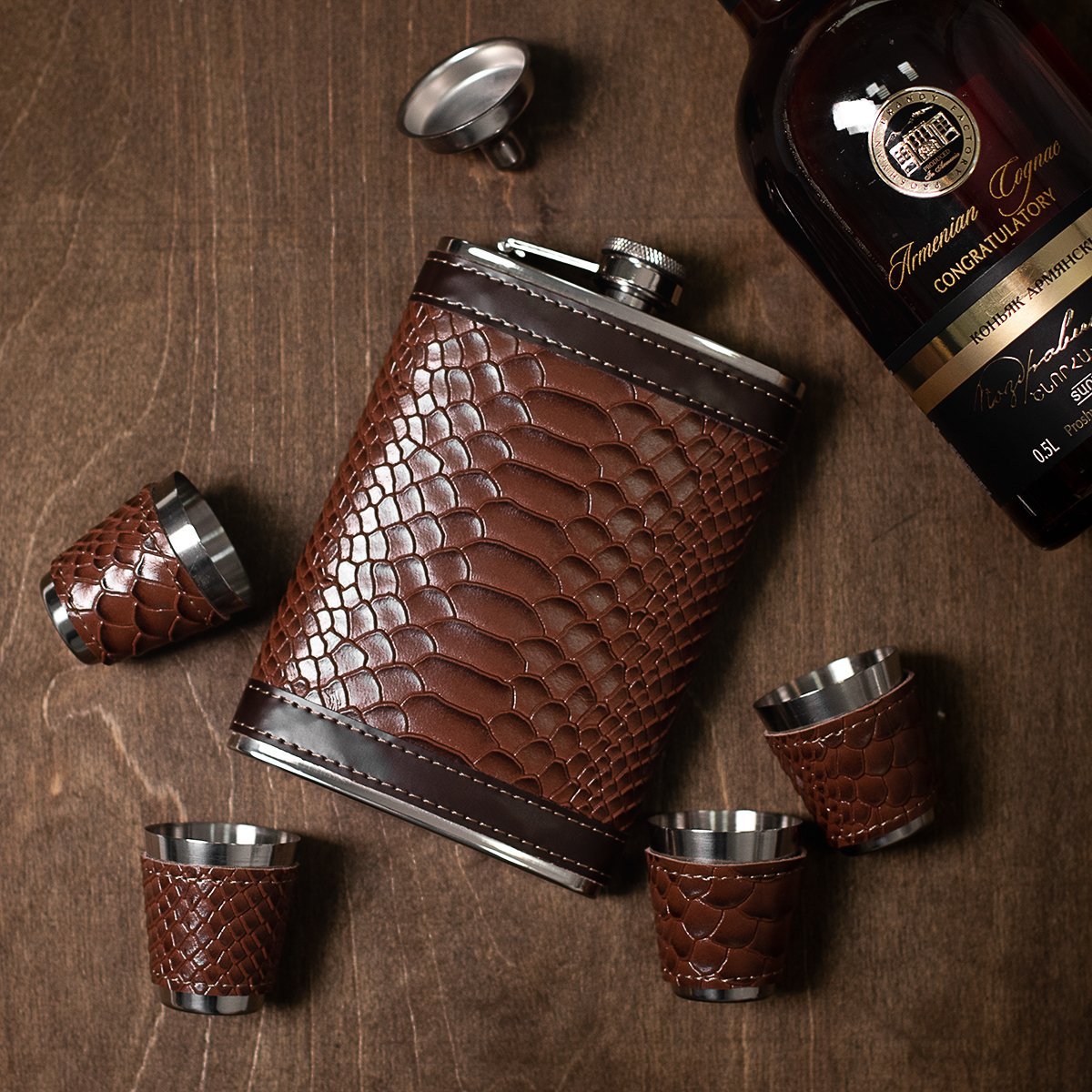 Stainless Steel Gift Set, 9 oz Brown Hip Flask and Shot Glasses