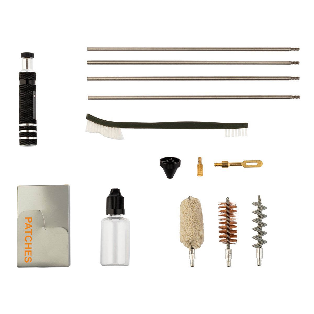 The Kit includes 2 bronze and 1 cotton gun swabs, a folded gunstick with a handle, patches, a brazen fire swab, a cone director, a capron brush and an oil container.