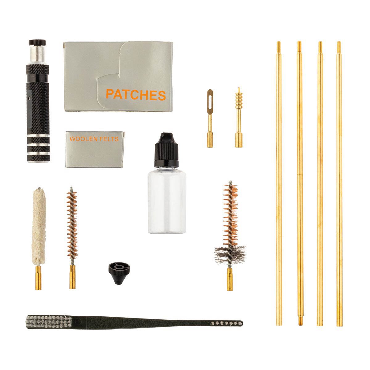 The Kit includes 2 bronze and 1 cotton gun swabs, a folded gunstick with a handle, patches, woolen felts, a brazen fire swab, a cone director, a capron brush and an oil container.