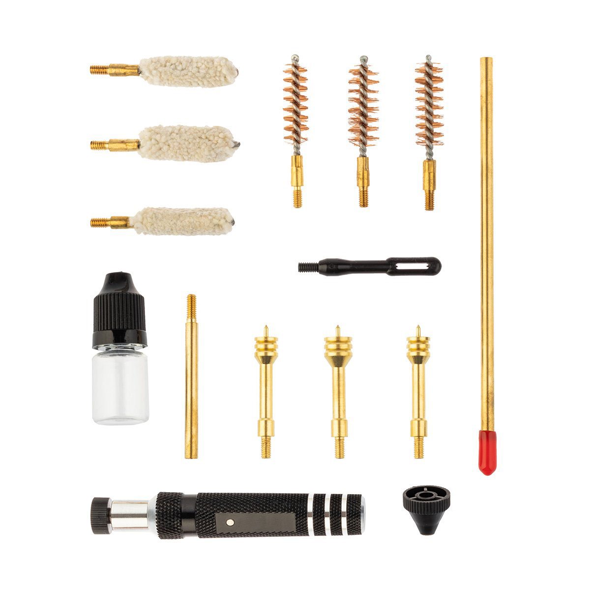 The Kit includes 3 bronze and 3 cotton gun swabs, a gunstick with a handle, 3 patch needles, one plastic, and one brazen fire swab, a cone director, and an oil container.