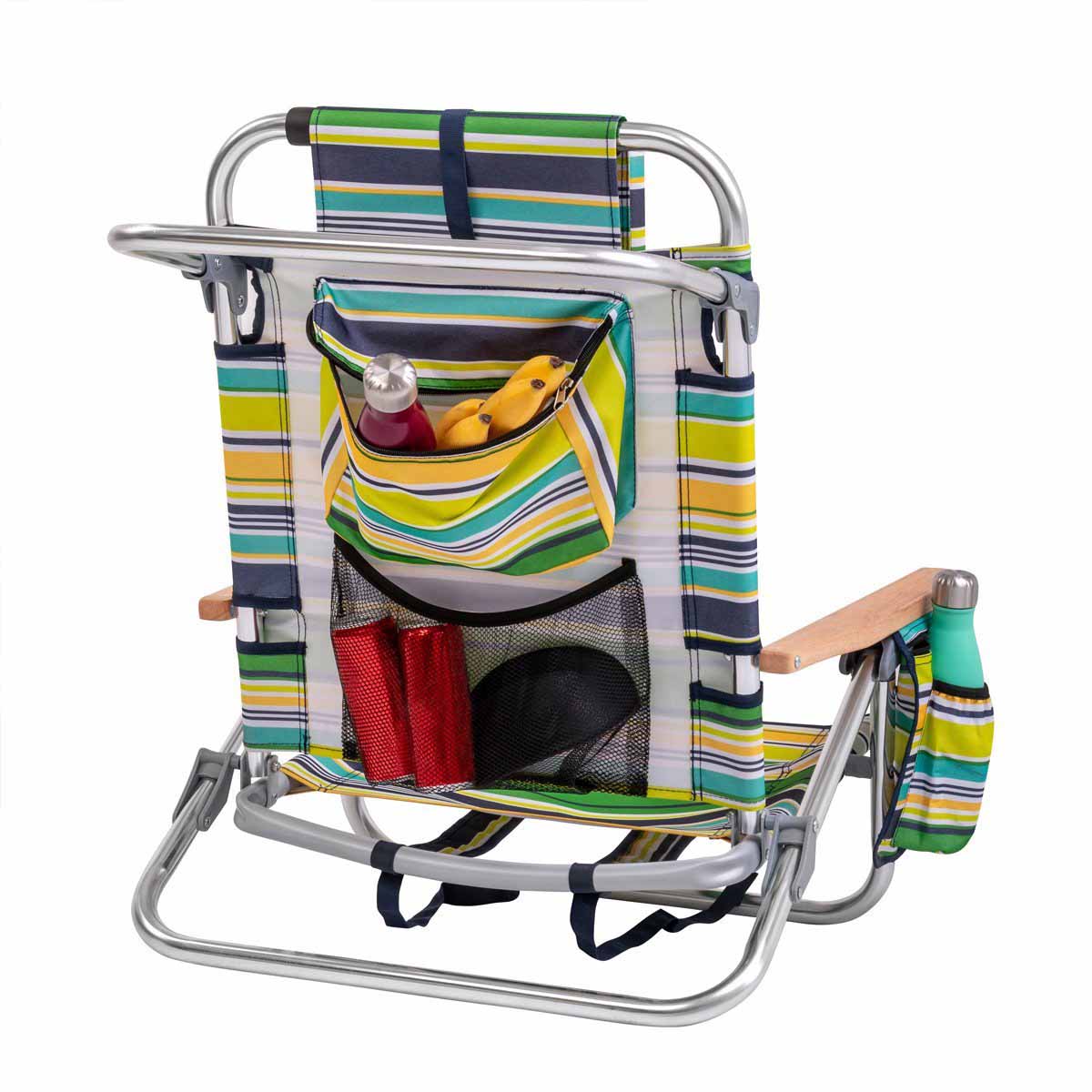 Backpack Beach Chair with Headrest has two spacious pockets on the back and one on the armrest to store your stuff