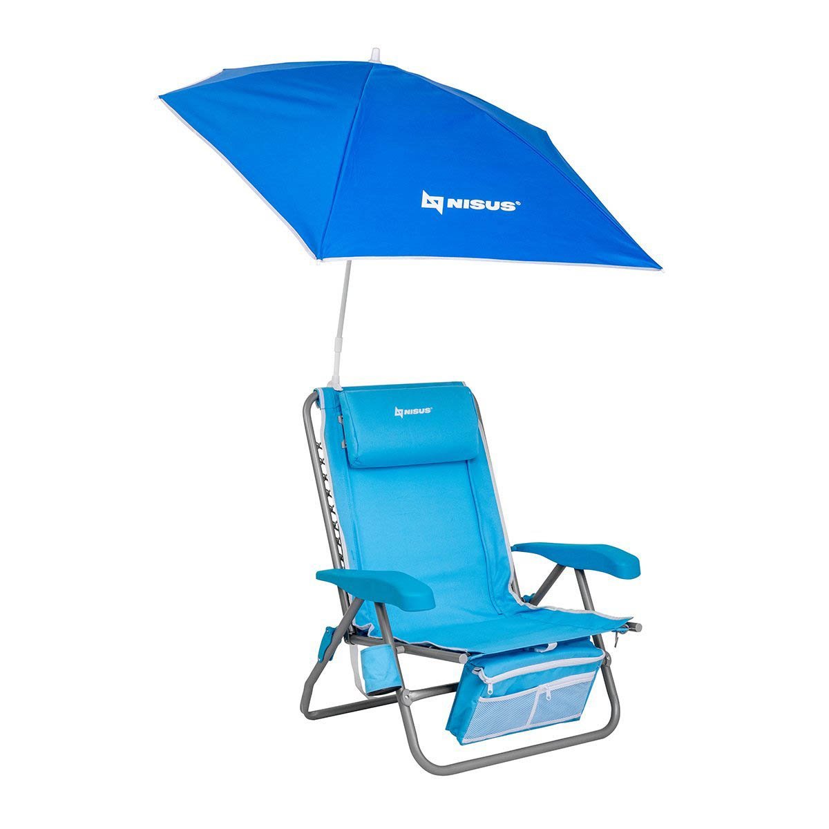 Premium Backpack Beach Chair with Cooler Bag and Headrest, Blue with a blue Strong Clip Adjustable Umbrella
