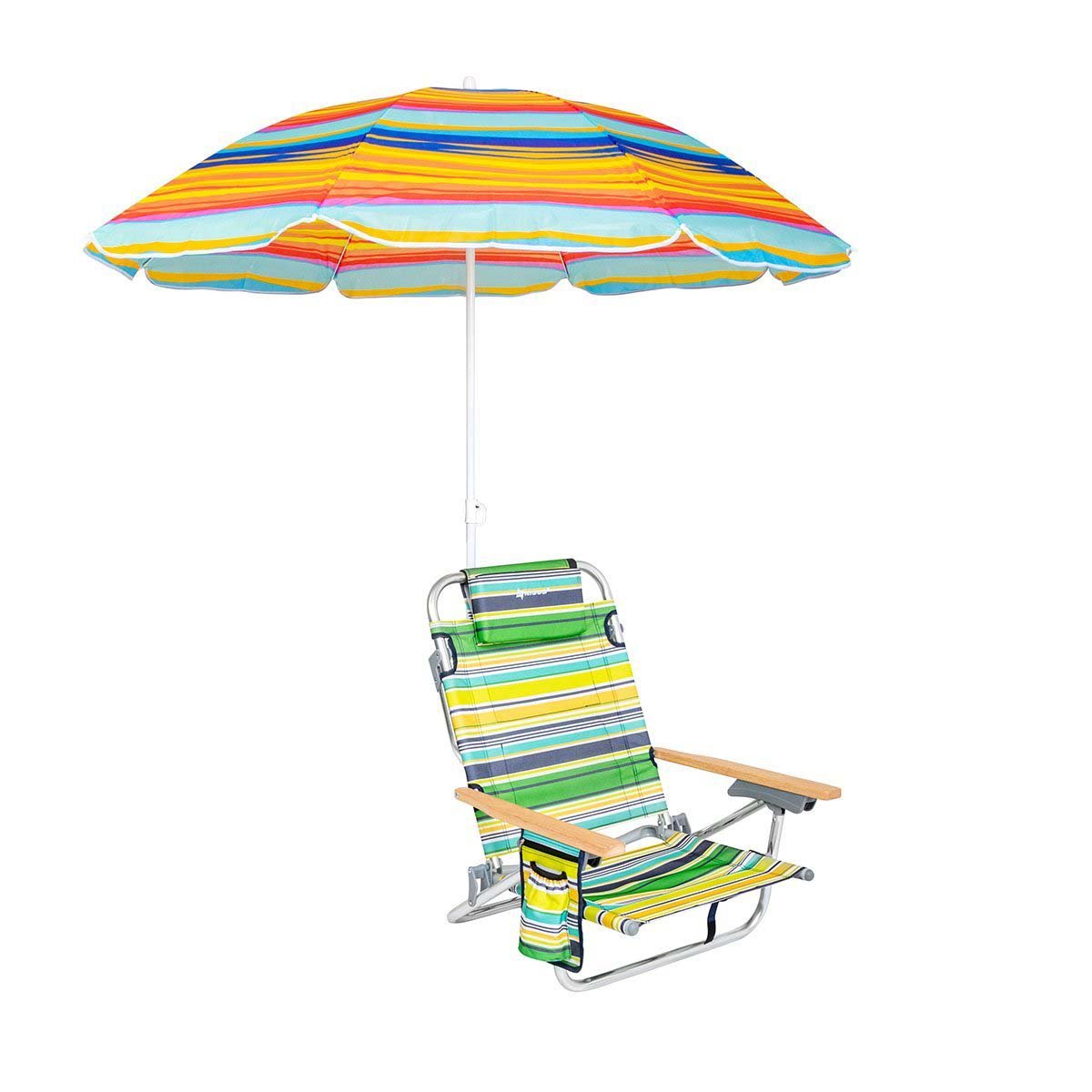 Low Backpack Beach Chair with Cup Holder and 4 ft Brightly Colored Sun Umbrella