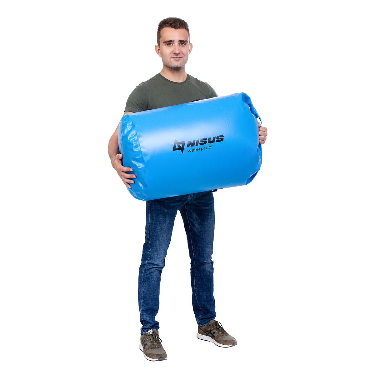 A man carrying Nisus 120 L Blue Waterpfoof Dry Bag