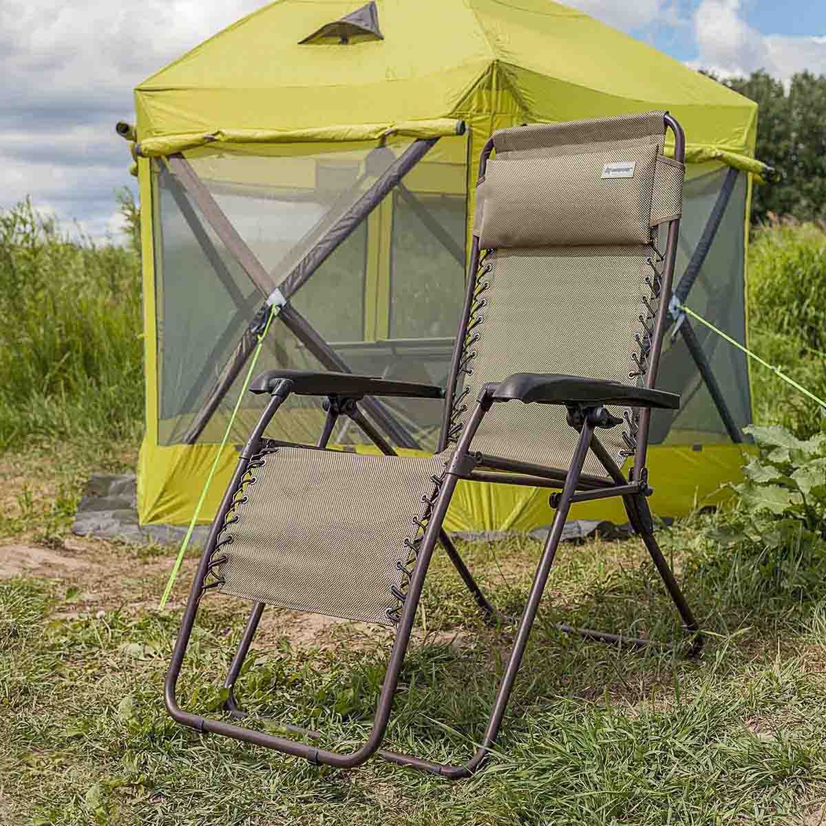 Zero Gravity Folding Patio Chair with Padded Pillow, Beige standing in the outdoor near a big camping tent