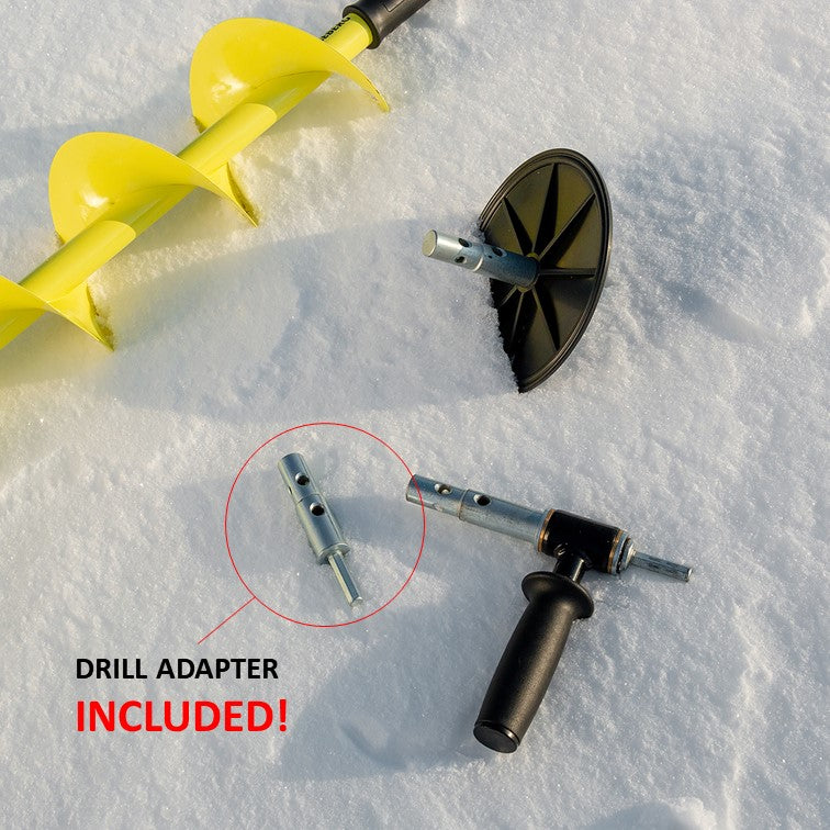 ICEBERG Mini Ice Fishing Auger Kit with Cordless Drill Adapter and Two Sets of Shaver Blades, Blue for Wet Slush Ice, Red for Regular Ice – Available in 5 inches