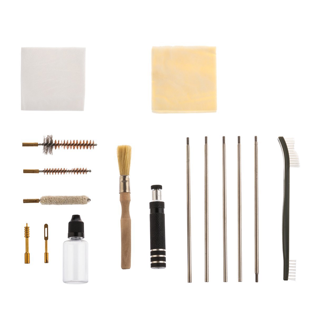 The kit includes: 2 pcs napkins, 3 models of built-up brushes for cleaning inside, oil for conservation , brush with handle, 5 pcs extension poles, double sided plastic brush, 2 pcs cleaning swab.