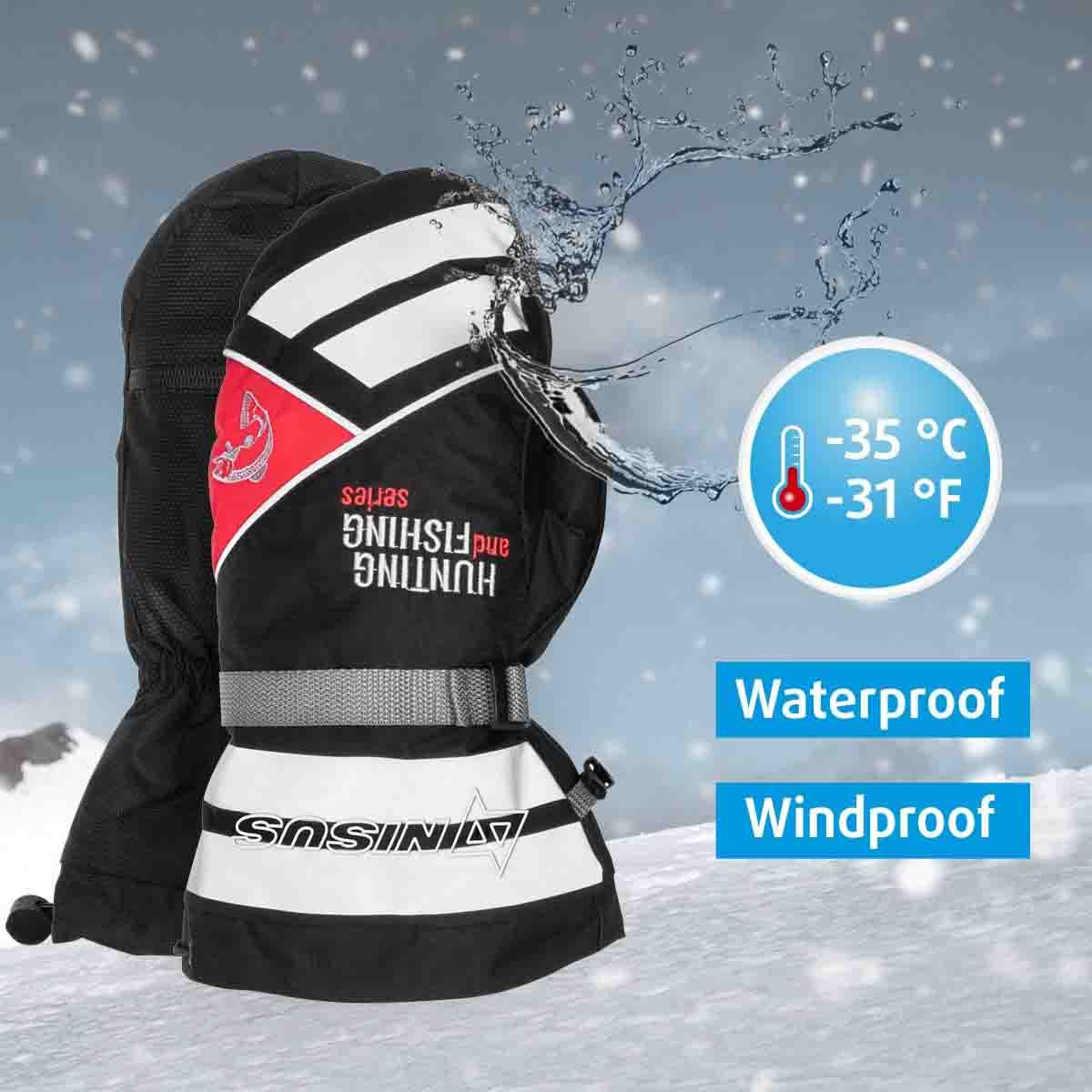 Professional Winter Waterproof Breathable Mittens for Ice Fishing, Black/White/Red, XL