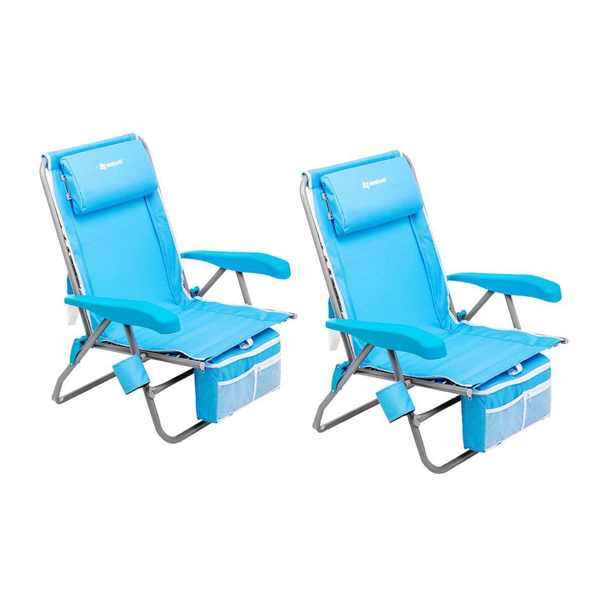Premium Backpack Beach Chair with Cooler Bag and Headrest, Blue, Set of 2
