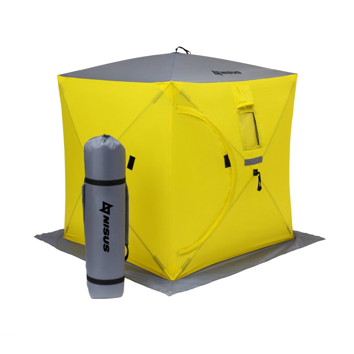 Cube Portable Pop-Up Ice Fishing Shelter for 2 Persons has a carrying bag attached