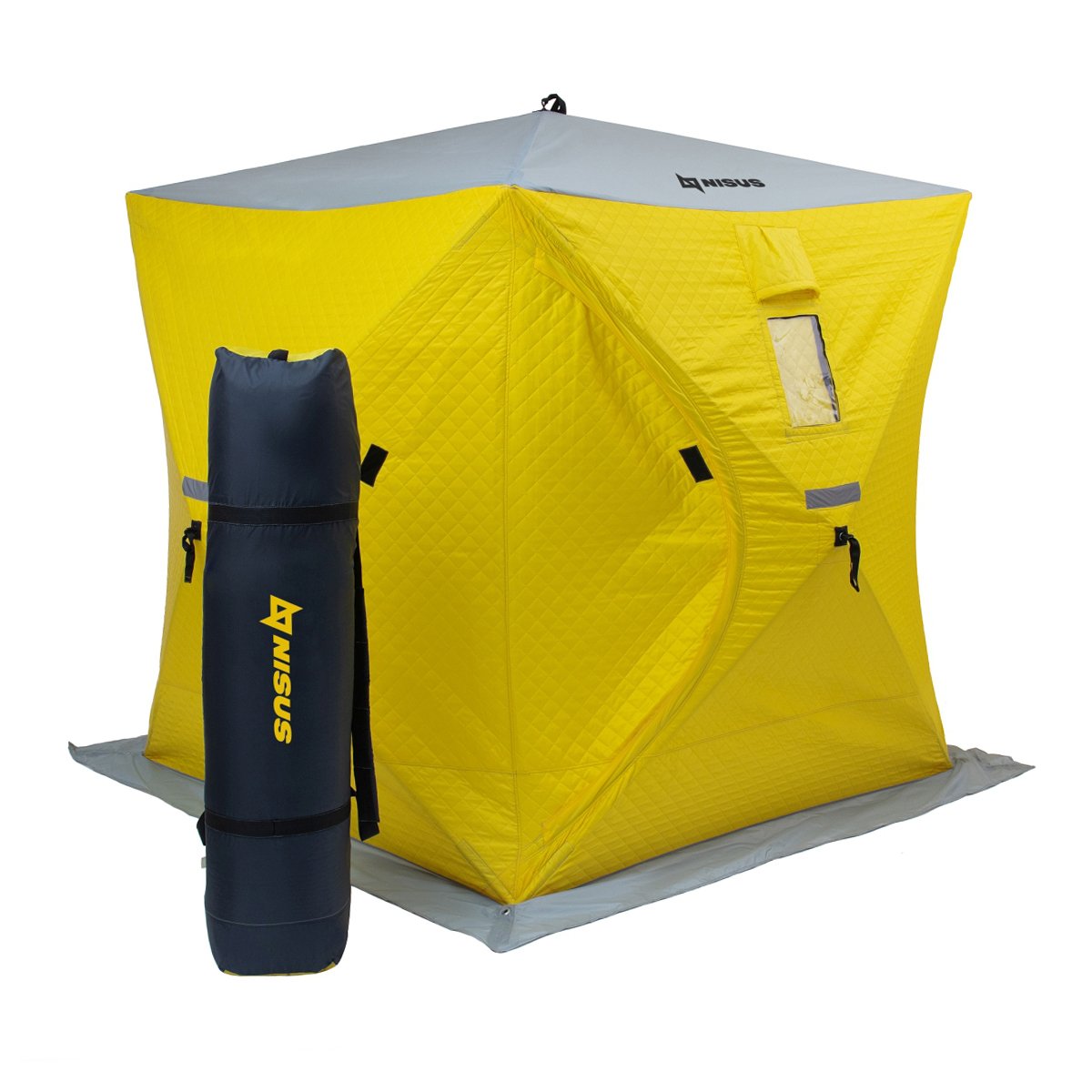 Cube Insulated Pop-Up Ice Fishing Shelter for 2 Persons has a carrying bag attached