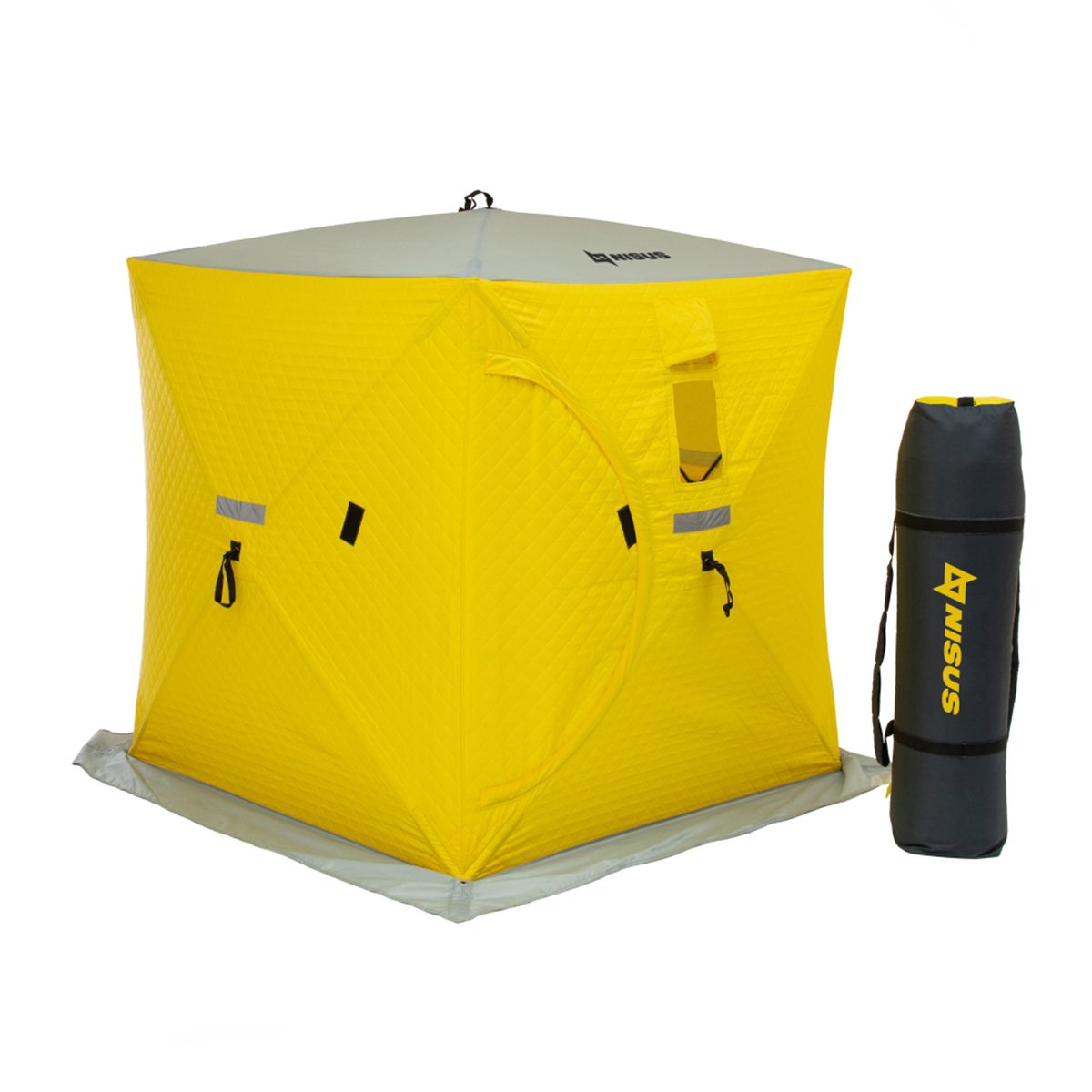 Cube Insulated Large Ice Fishing Shelter for 3 Persons has a carrying bag attached