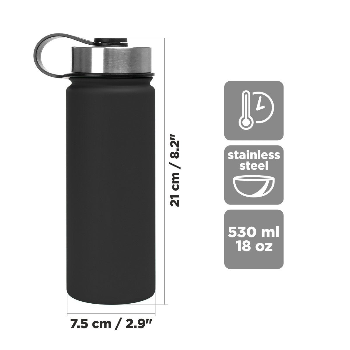Stainless Steel Insulated Sport Water Bottle with 3 Lid Types, 18 oz is 8.2 inches high and 2.9 inches wide