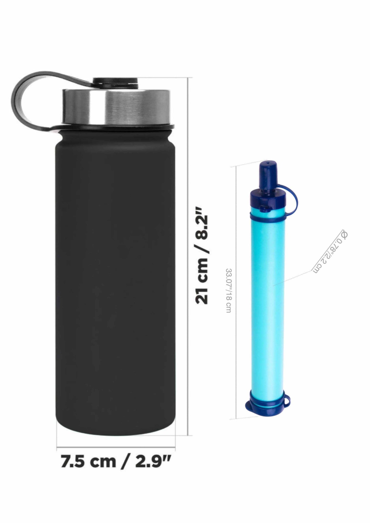 18 oz Stainless Steel Water Bottle is 8.2 inches high and 2.9 inches wide. 