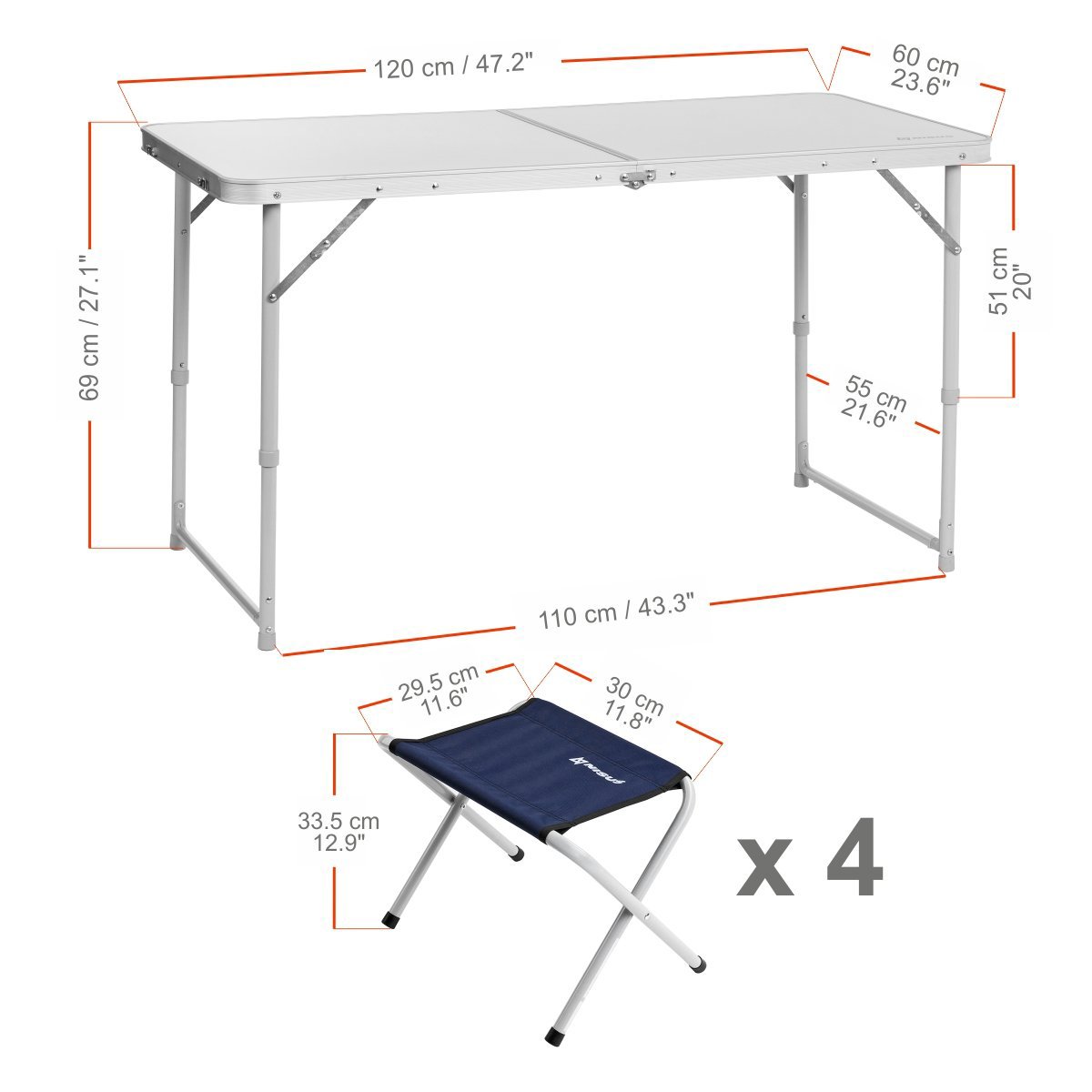 Outdoor Folding Furniture Set consists of four chairs 13*11.5*11.8 inches, and a dining table, which is 47.2*27.1*23.6 inches