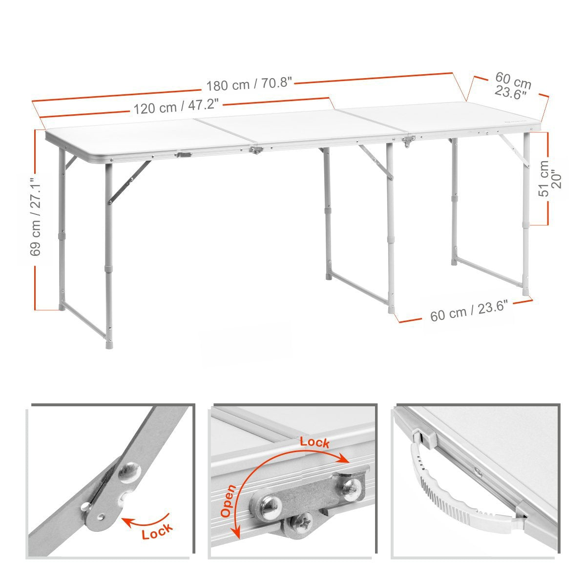 Large Three-Section Aluminum Folding Camping Table folds flat. Fully unfolded, the table is 71 inches long, 23.6 inches high, 27.1 inches high