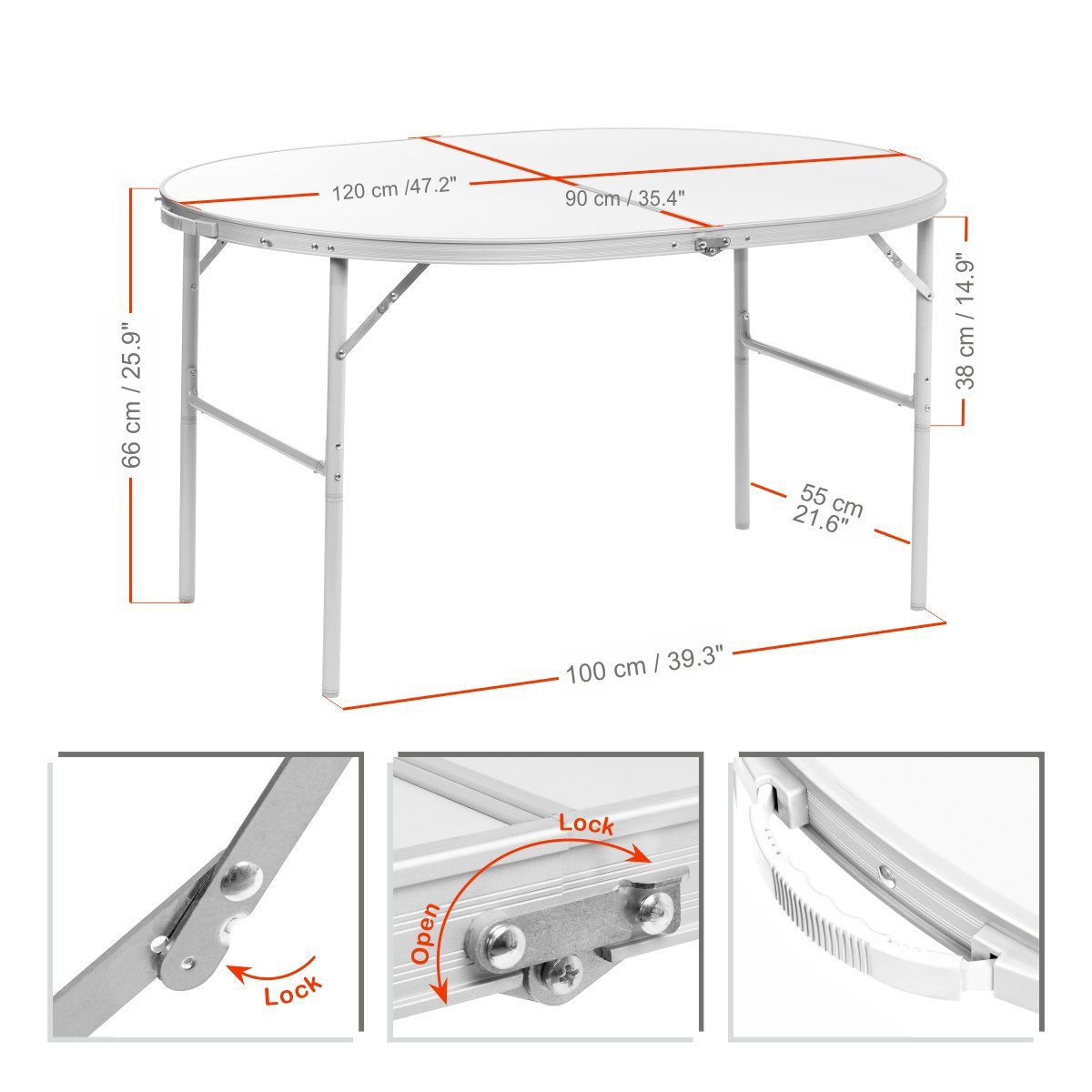 The Oval Portable Aluminum Folding Camping Table is 26 inches high, 39 inches long and 21.6 inches wide. The table top is 47*35.5 inches