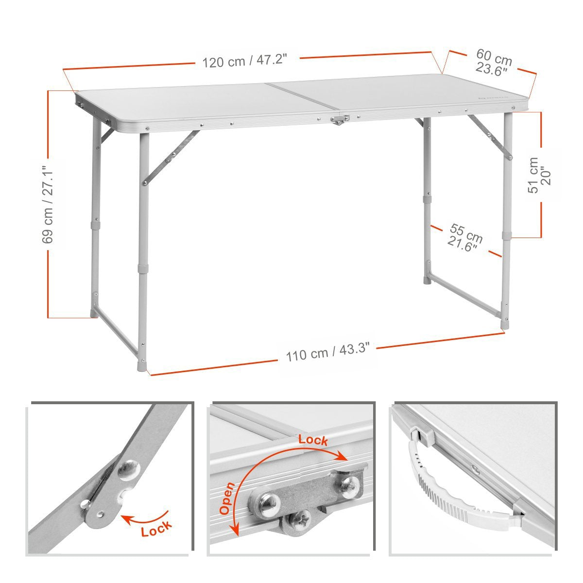 Big Lightweight Folding Aluminum Camping Table is 43.3 inches long, 21.6 inches wide and 27.1 inches high. The table top is 47.2*23.6