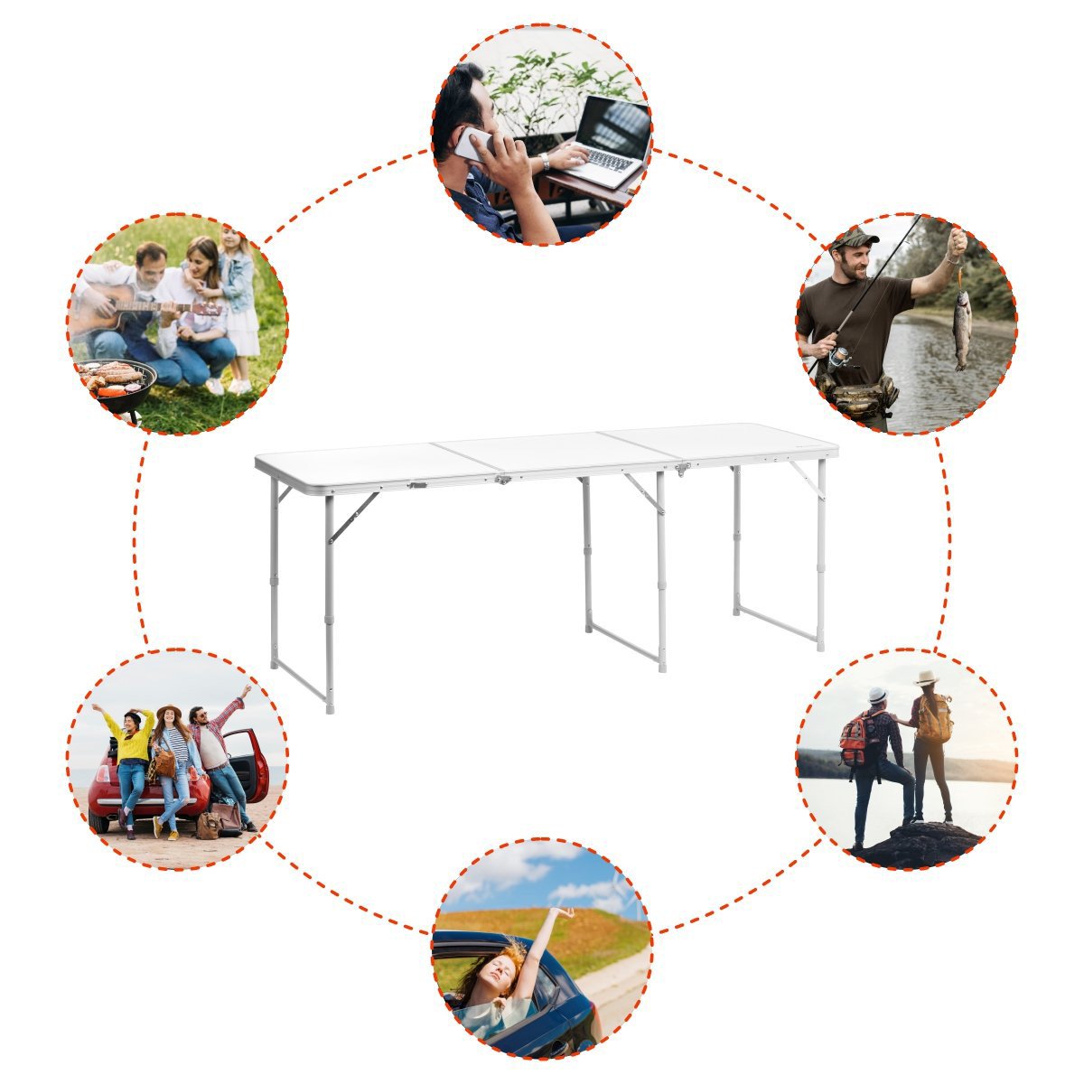 Large Three-Section Aluminum Folding Camping Table could be used in a plenty of activities