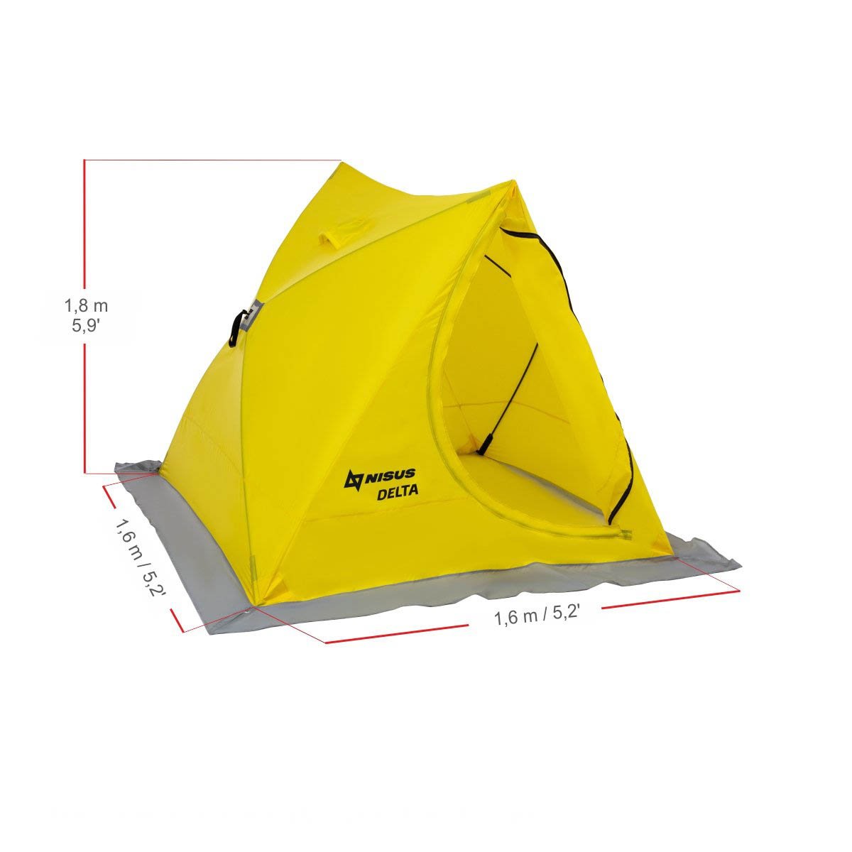 Delta Portable Ice Fishing Tent Shelter for 2 Persons is 5.9 feet high, 5.2 feet long and 5.2 feet wide