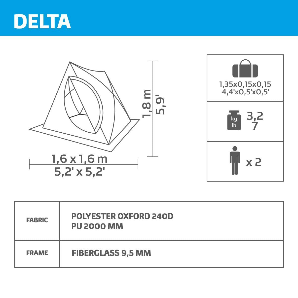 Delta Portable Ice Fishing Tent Shelter for 2 Persons is made of polyester oxford 240 d PU 2000 mm. The frame is made of 9.5 mm fiberglass. Weighs 7 lbs, carrying bag attached