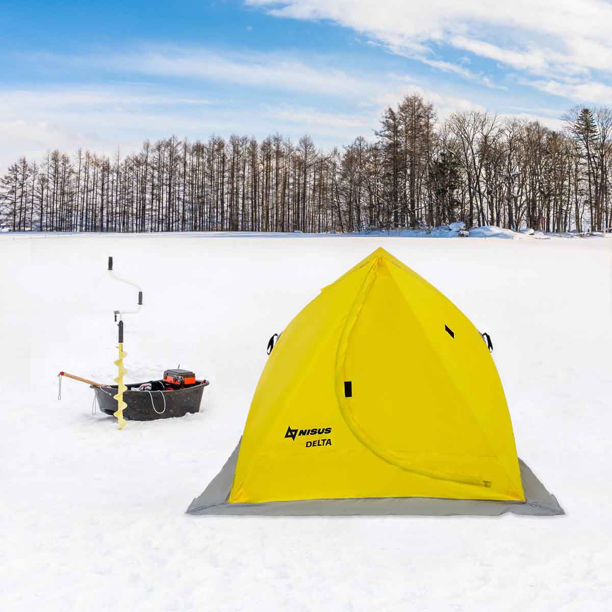 Delta Portable Ice Fishing Tent Shelter for 2 Persons, yellow color, on ice together with Iceberg Siberia hand auger, and an ice sled