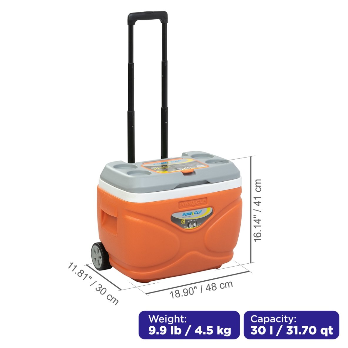 Prudence Wheeling Ice Chest with Retractable Handle, 31 qt, Orange weighs 10 lbs, 19 inches long, 16 inches high and 12 inches wide