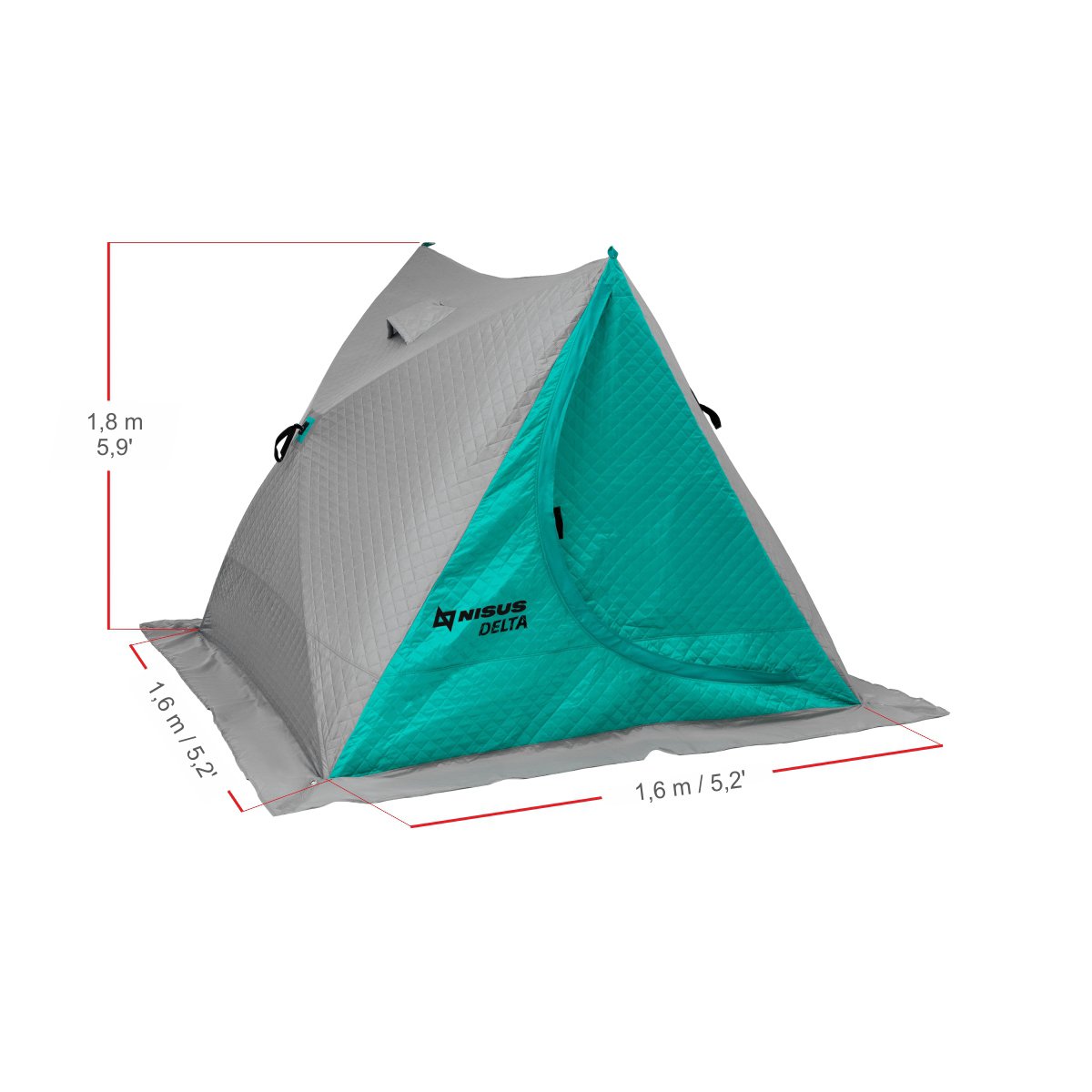 Delta Portable Insulated Ice Fishing Tent Shelter for 2 Persons is 5.9 feet high, 5.2 feet long and 5.2 feet wide
