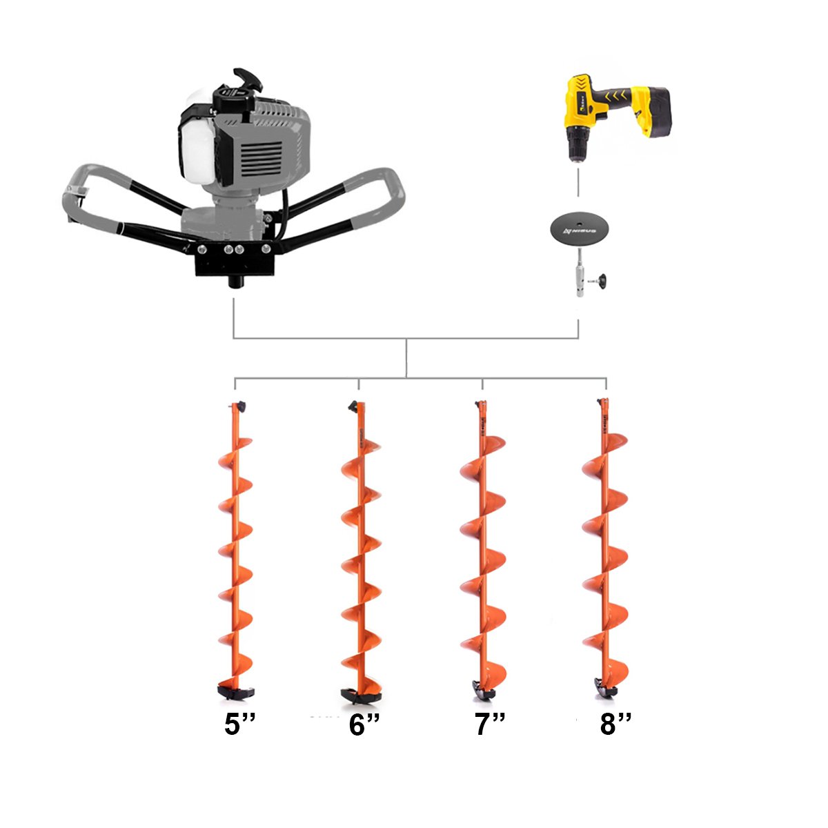 Motoshtorm Ice Auger Bit with a Safety Plate Adapter Kit are available in four sizes and could be used either with a powerhead or with a cordless drill