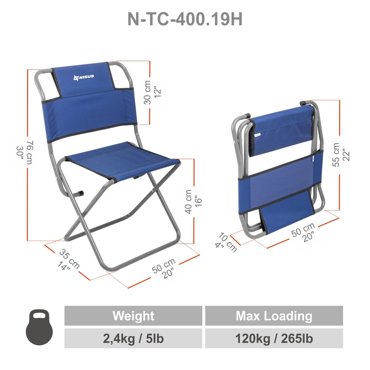 Nisus Blue Outdoor Chair with back support, Folded/Unfolded, Height, Width, Length and Weight