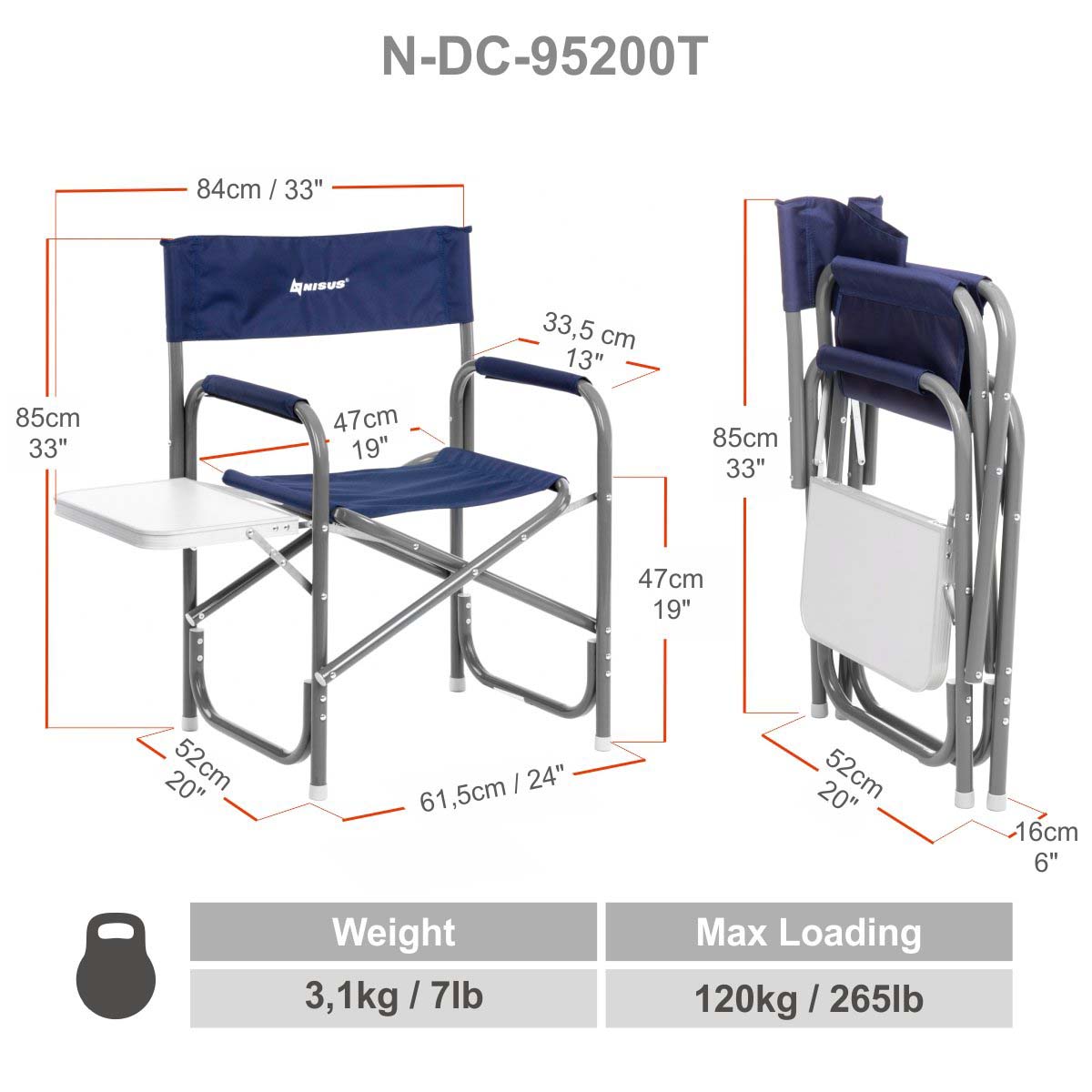 Nisus Aluminum Folding Director's Chair with Side Table