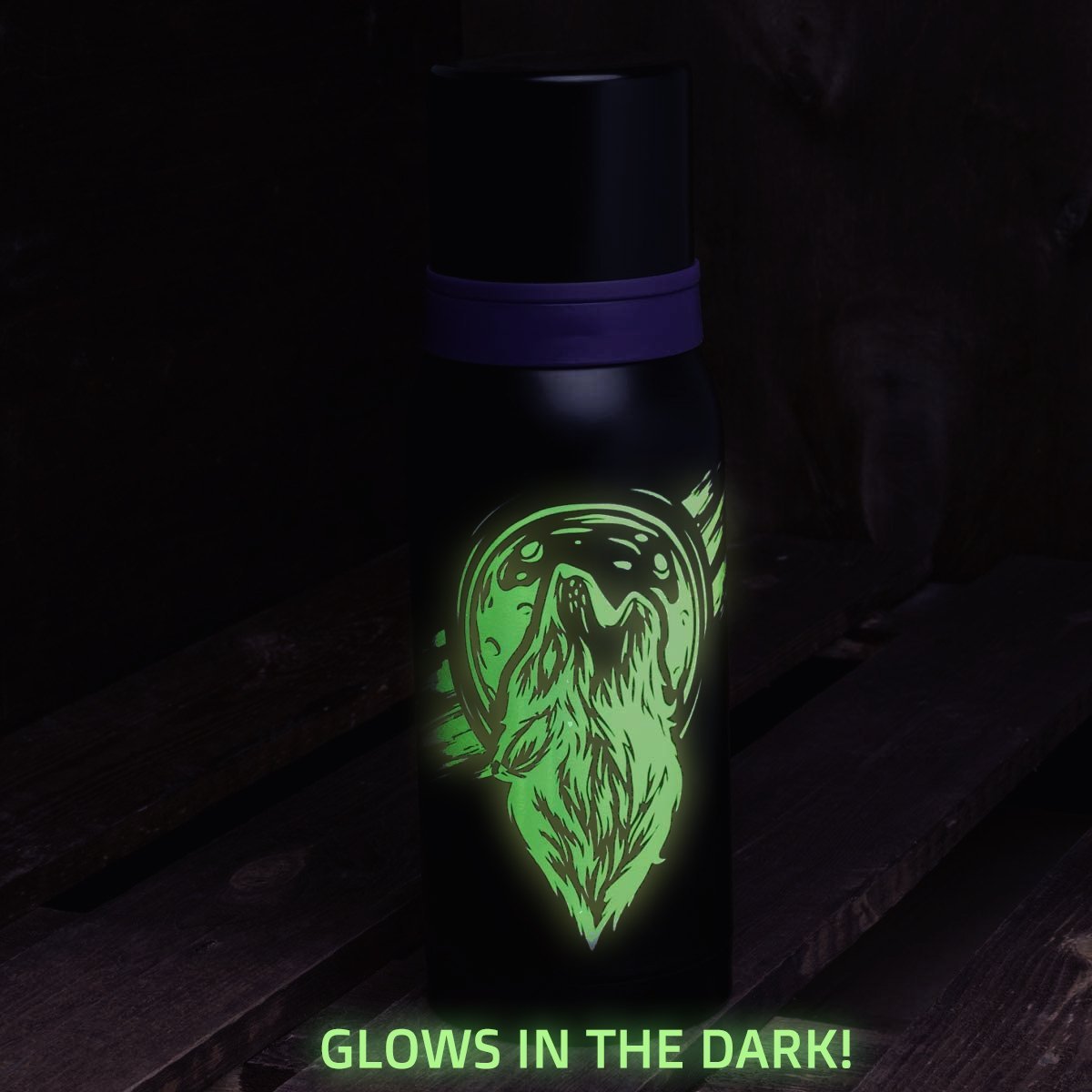 The wolf print on a Big Stainless Steel Water Flask glows in the dark